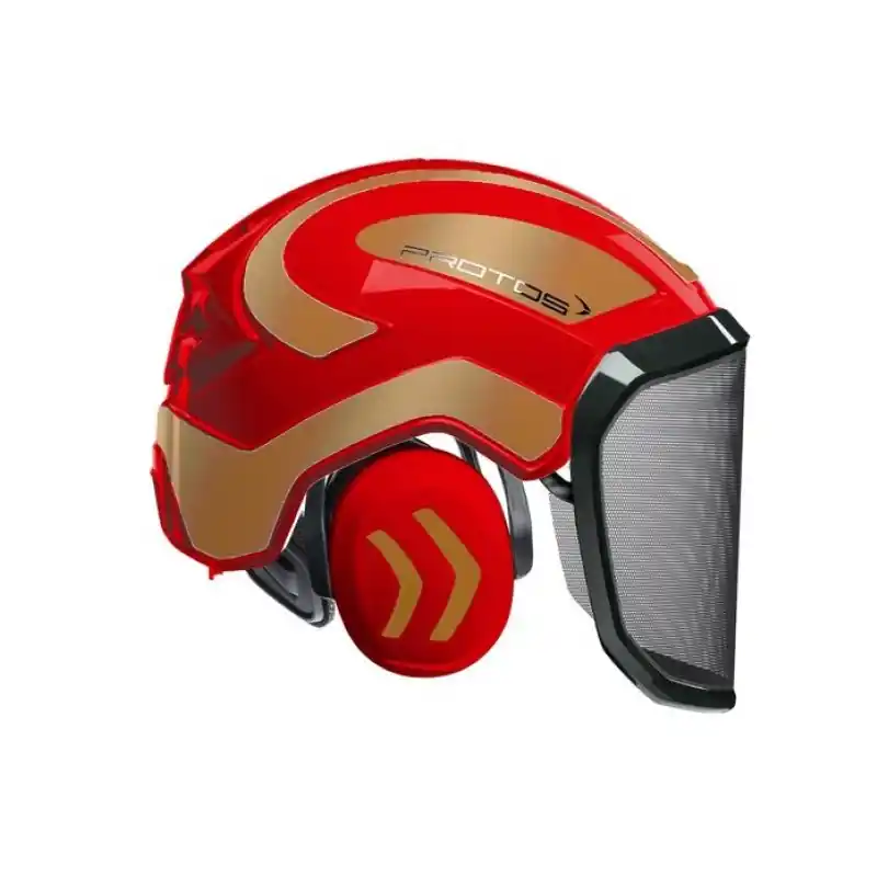 CASQUE DE PROTECTION INTEGRAL FORESTIER – TRONCONNAGE – ELAGAGE – DEBROUSSAILLAGE – VISIERE F39 – ROUGE ET OR – Rouge et Or Bon Plan