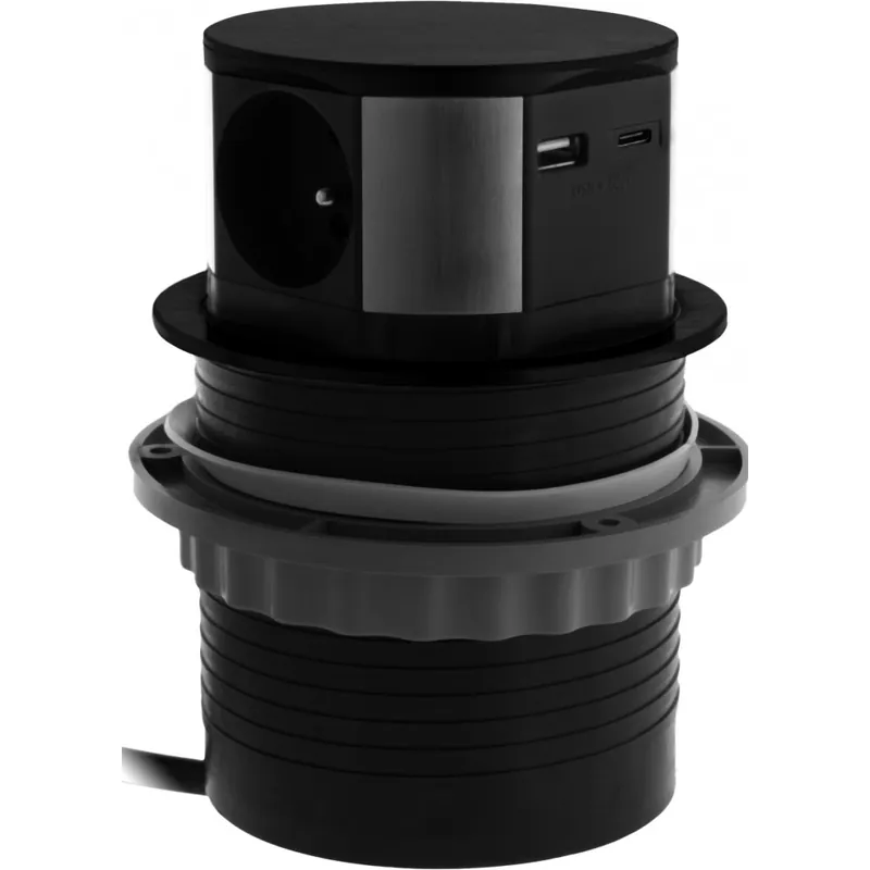 Bloc prises escamotable à encastrer – 3 prises 2P+T + 2 prises USB – noir mat Solde