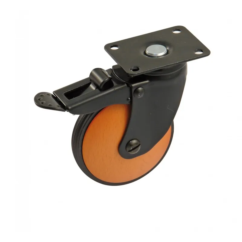 Roulette de meuble pivotante à frein – chape acier noir – galet bois Promotion